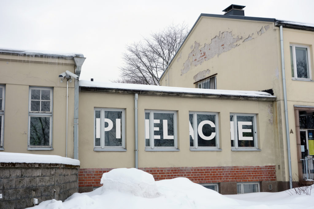 Pixelache office with fake vinyl letters